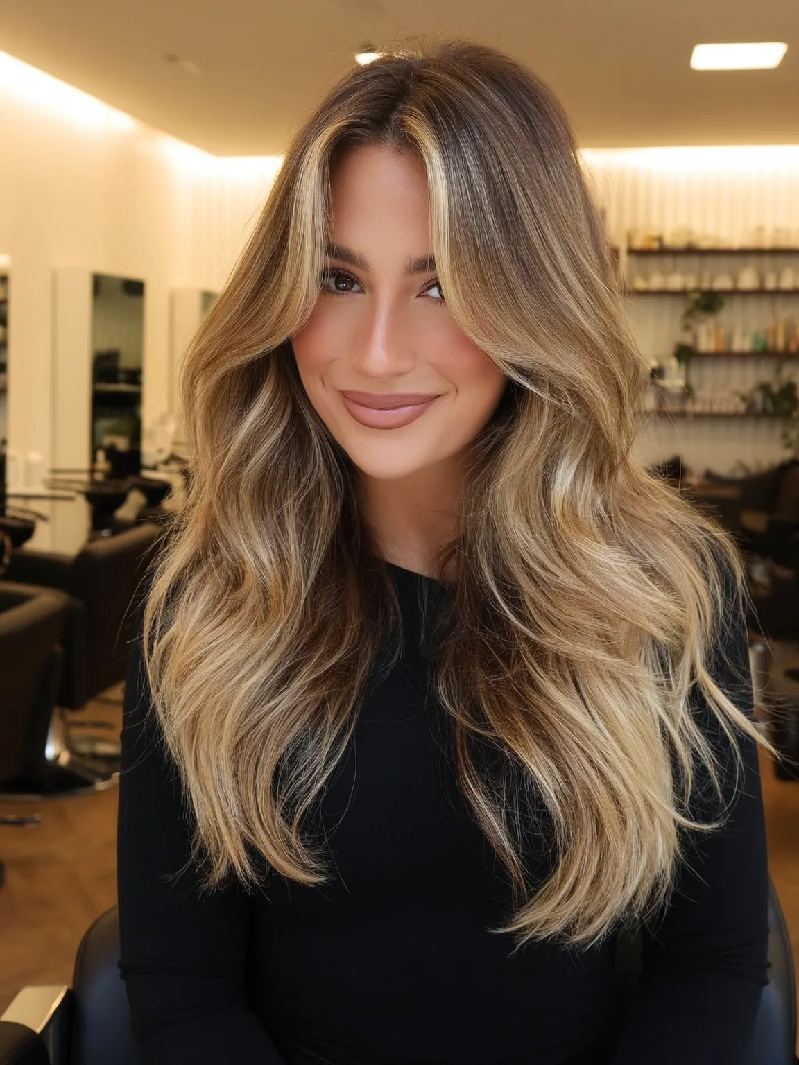 Long Layered Cut with Honey Blonde Balayage
